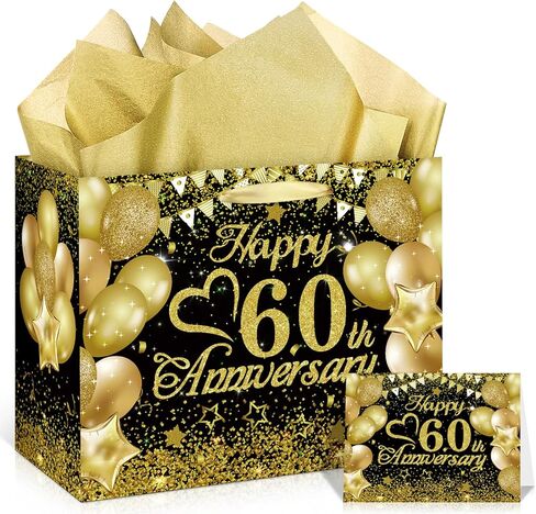 Black Silver 60th Anniversary Party Gift Bag with Tissue Papers and Card, 11.8'' 60th Wedding Anniversary Paper Gift Wrapping Bag for Women Men Wedding Party Supplies Gift Bag in Kuwait