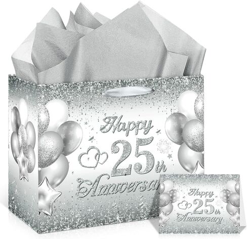 Black Silver 60th Anniversary Party Gift Bag with Tissue Papers and Card, 11.8'' 60th Wedding Anniversary Paper Gift Wrapping Bag for Women Men Wedding Party Supplies Gift Bag in Kuwait
