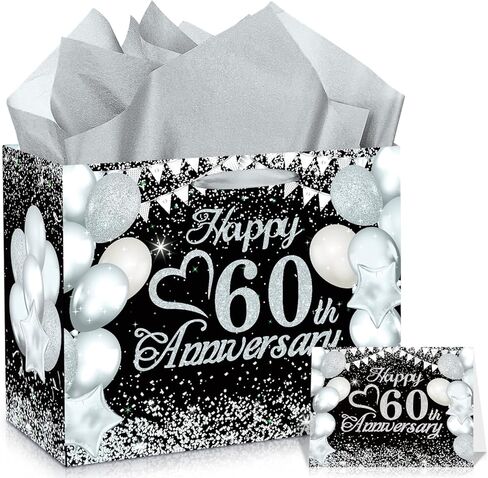 Black Silver 60th Anniversary Party Gift Bag with Tissue Papers and Card, 11.8'' 60th Wedding Anniversary Paper Gift Wrapping Bag for Women Men Wedding Party Supplies Gift Bag in Kuwait
