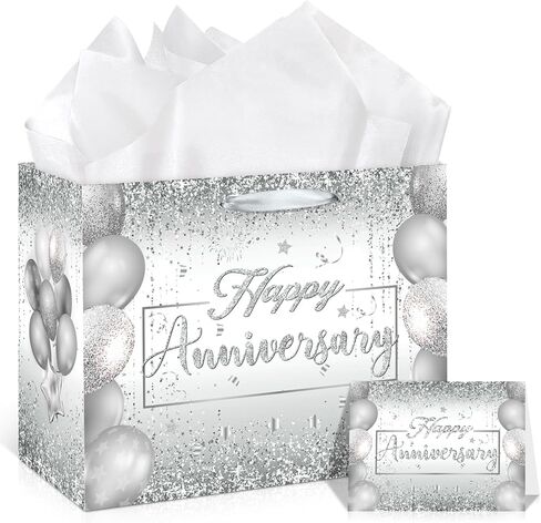 Black Silver 60th Anniversary Party Gift Bag with Tissue Papers and Card, 11.8'' 60th Wedding Anniversary Paper Gift Wrapping Bag for Women Men Wedding Party Supplies Gift Bag in Kuwait