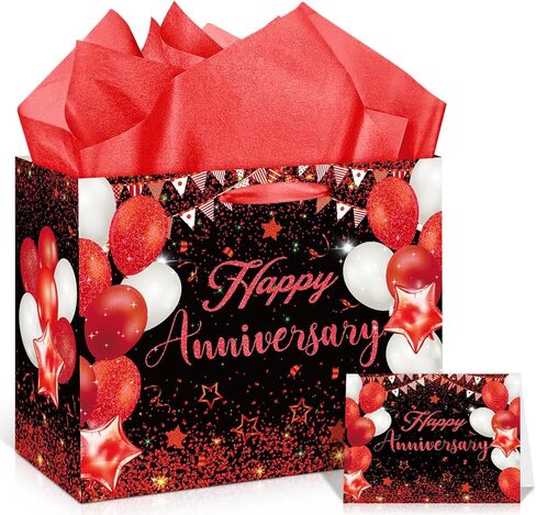 Black Silver 60th Anniversary Party Gift Bag with Tissue Papers and Card, 11.8'' 60th Wedding Anniversary Paper Gift Wrapping Bag for Women Men Wedding Party Supplies Gift Bag in Kuwait