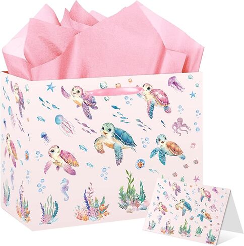 HZRNNA Pink Ocean Animals Gift Bag, Large Under The Sea Gift Bag with Card and Tissue Paper, Ocean Themed Party Decorations for Girls, Baby Shower, Birthday Party Favors Supplies in Saudi Arabia