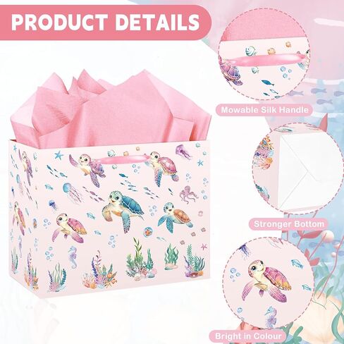HZRNNA Pink Ocean Animals Gift Bag, Large Under The Sea Gift Bag with Card and Tissue Paper, Ocean Themed Party Decorations for Girls, Baby Shower, Birthday Party Favors Supplies in Saudi Arabia