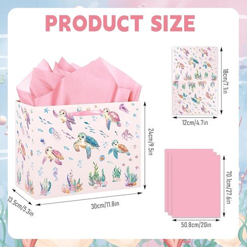 HZRNNA Pink Ocean Animals Gift Bag, Large Under The Sea Gift Bag with Card and Tissue Paper, Ocean Themed Party Decorations for Girls, Baby Shower, Birthday Party Favors Supplies in Saudi Arabia