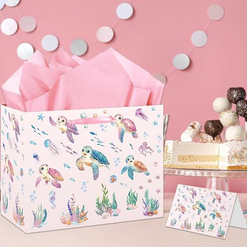 HZRNNA Pink Ocean Animals Gift Bag, Large Under The Sea Gift Bag with Card and Tissue Paper, Ocean Themed Party Decorations for Girls, Baby Shower, Birthday Party Favors Supplies in Saudi Arabia