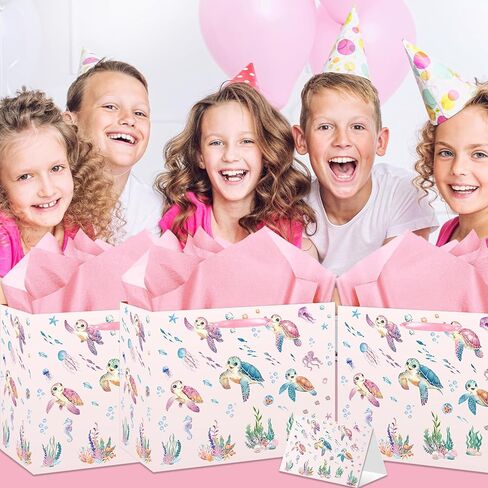 HZRNNA Pink Ocean Animals Gift Bag, Large Under The Sea Gift Bag with Card and Tissue Paper, Ocean Themed Party Decorations for Girls, Baby Shower, Birthday Party Favors Supplies in Saudi Arabia