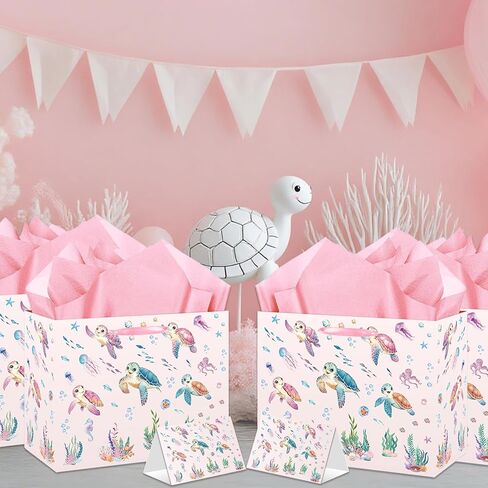 HZRNNA Pink Ocean Animals Gift Bag, Large Under The Sea Gift Bag with Card and Tissue Paper, Ocean Themed Party Decorations for Girls, Baby Shower, Birthday Party Favors Supplies in Saudi Arabia