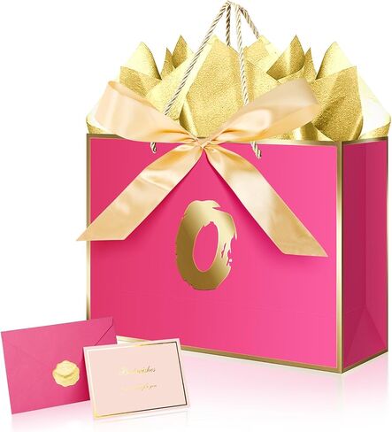 XiaosRen Personalized Gift Bag with Card and Tissue Paper, 12.6" Paper Bag with Ribbon for Women Girls Birthday Anniversary Wedding Bridesmaid (Hot Pink, M) in Saudi Arabia