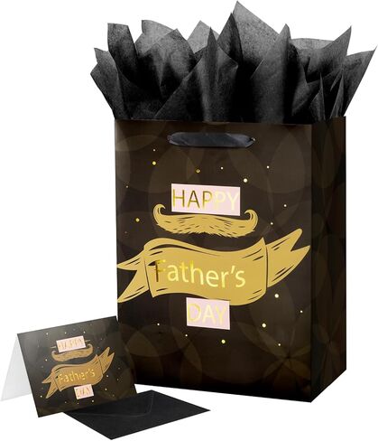 Linelglobal 12.6" Large Father's Day Bag with Tissue Paper and Card Paper Gift Bag from Daughter Son for Dad Stepdad Grandfather Husband - Happy Father's Day Brown Beard Gold Design in Saudi Arabia