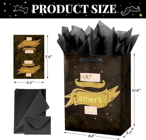 Linelglobal 12.6" Large Father's Day Bag with Tissue Paper and Card Paper Gift Bag from Daughter Son for Dad Stepdad Grandfather Husband - Happy Father's Day Brown Beard Gold Design in Saudi Arabia