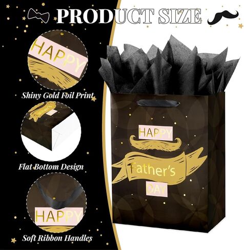 Linelglobal 12.6" Large Father's Day Bag with Tissue Paper and Card Paper Gift Bag from Daughter Son for Dad Stepdad Grandfather Husband - Happy Father's Day Brown Beard Gold Design in Saudi Arabia