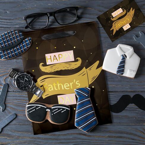 Linelglobal 12.6" Large Father's Day Bag with Tissue Paper and Card Paper Gift Bag from Daughter Son for Dad Stepdad Grandfather Husband - Happy Father's Day Brown Beard Gold Design in Saudi Arabia