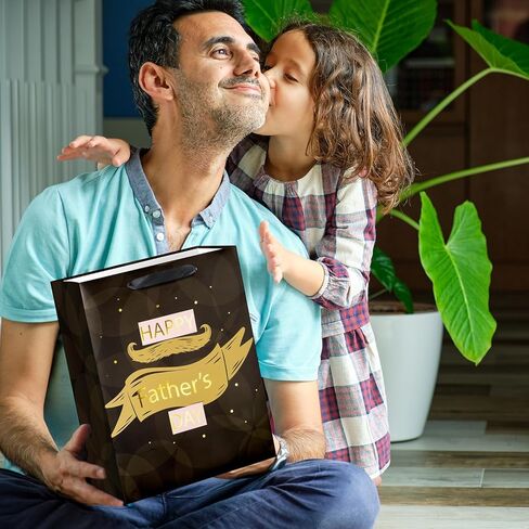 Linelglobal 12.6" Large Father's Day Bag with Tissue Paper and Card Paper Gift Bag from Daughter Son for Dad Stepdad Grandfather Husband - Happy Father's Day Brown Beard Gold Design in Saudi Arabia
