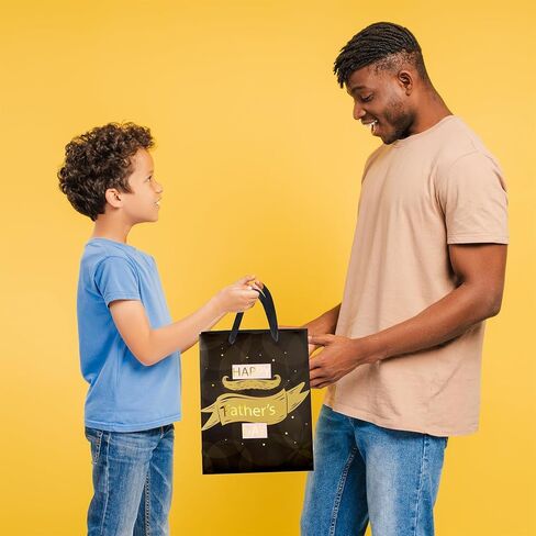 Linelglobal 12.6" Large Father's Day Bag with Tissue Paper and Card Paper Gift Bag from Daughter Son for Dad Stepdad Grandfather Husband - Happy Father's Day Brown Beard Gold Design in Saudi Arabia