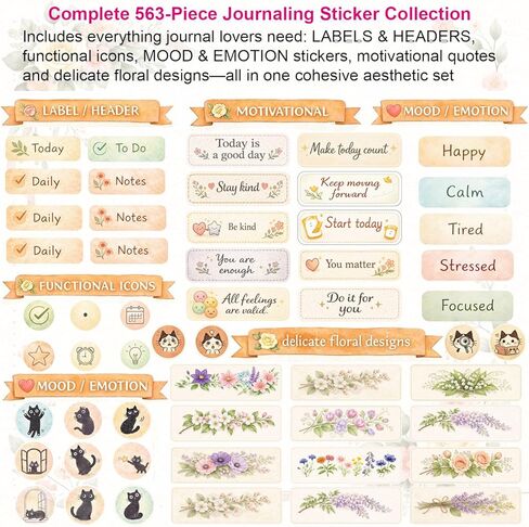 606Pcs Vintage Journaling Stickers – Planner Stickers with Labels, Mood & Emotion, Motivational Quotes & Floral Designs – Waterproof Vinyl Stickers for Journal, Planner, Laptop & Water Bottle in Kuwait