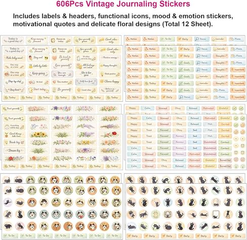 606Pcs Vintage Journaling Stickers – Planner Stickers with Labels, Mood & Emotion, Motivational Quotes & Floral Designs – Waterproof Vinyl Stickers for Journal, Planner, Laptop & Water Bottle in Kuwait