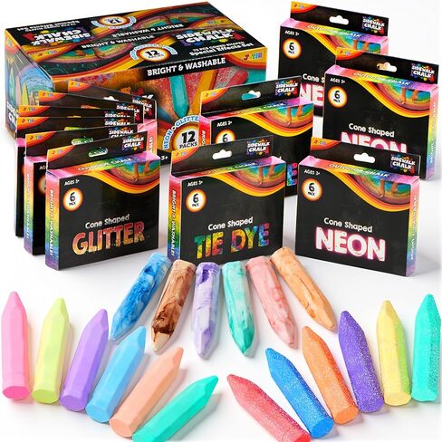 JOYIN 36 PCS Washable Sidewalk Chalks Set in 6 Packs, 18 Colors, Including 12 Tie Dye, 12 Glitter & 12 Neon Color Outdoor Chalks for Painting, Drawing, Gifts for Kids in Saudi Arabia