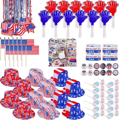 146 Pcs/ 12 Sets 4th of July Party Favors, Include 12 Patriotic Hat 12 Independence Day Hand Clappers 12 Silicone Bracelets 12 Brooches 12 Flags 24 Necklaces 12 Glasses 50 Stickers in Saudi Arabia