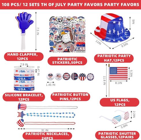 146 Pcs/ 12 Sets 4th of July Party Favors, Include 12 Patriotic Hat 12 Independence Day Hand Clappers 12 Silicone Bracelets 12 Brooches 12 Flags 24 Necklaces 12 Glasses 50 Stickers in Saudi Arabia