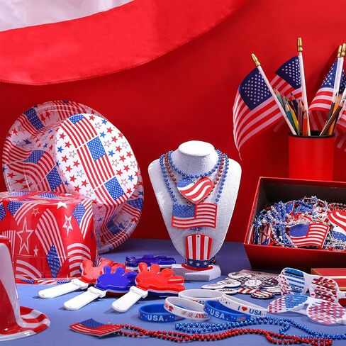 146 Pcs/ 12 Sets 4th of July Party Favors, Include 12 Patriotic Hat 12 Independence Day Hand Clappers 12 Silicone Bracelets 12 Brooches 12 Flags 24 Necklaces 12 Glasses 50 Stickers in Saudi Arabia