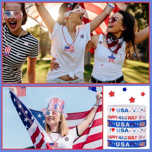146 Pcs/ 12 Sets 4th of July Party Favors, Include 12 Patriotic Hat 12 Independence Day Hand Clappers 12 Silicone Bracelets 12 Brooches 12 Flags 24 Necklaces 12 Glasses 50 Stickers in Saudi Arabia