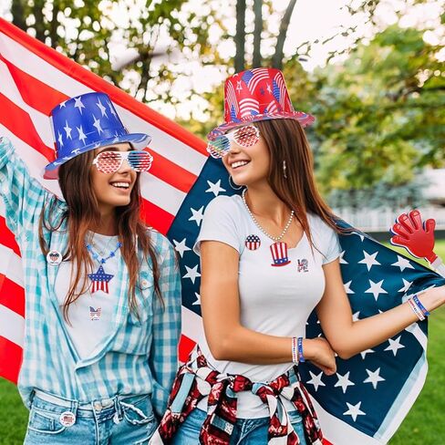 146 Pcs/ 12 Sets 4th of July Party Favors, Include 12 Patriotic Hat 12 Independence Day Hand Clappers 12 Silicone Bracelets 12 Brooches 12 Flags 24 Necklaces 12 Glasses 50 Stickers in Saudi Arabia