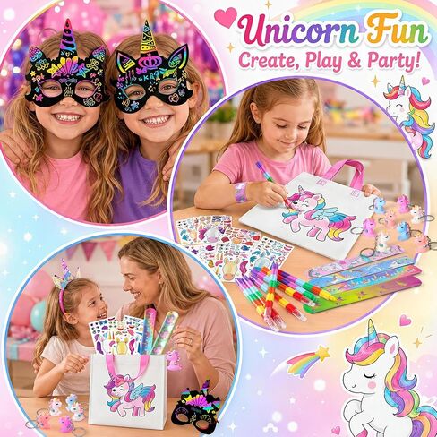 Unicorn Party Favors for Kids Birthday Party Supplies, Coloring Unicorn Gift Bag Scratch Mask Stackable Crayon Sticker Slap Bracelet Keychain, Boy Girl Goodie Bag Stuffer Pinata Filler Classroom Prize in Saudi Arabia