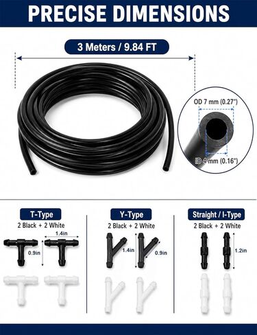 Windshield washer hose kit, 3 Meters (9.84ft) Flexible Washer Fluid Tubing with 12 Pcs Connectors (Black & White), windshield wiper hose repair kit for Cars, SUVs, Trucks in Kuwait