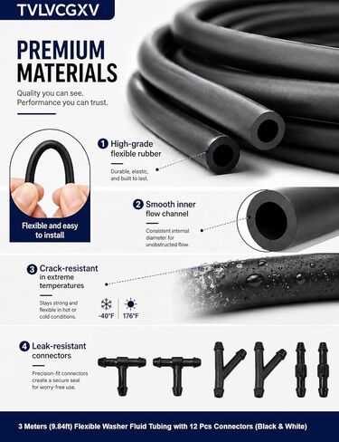 Windshield washer hose kit, 3 Meters (9.84ft) Flexible Washer Fluid Tubing with 12 Pcs Connectors (Black & White), windshield wiper hose repair kit for Cars, SUVs, Trucks in Kuwait