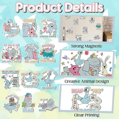 Back to School Reading Magnet - 12Pcs Funny Elephant and Pig Pigeon Hilarious Magnetic Bookmarks for Teachers, Classroom Lockers Whiteboard Decor for Classroom Supplies Office Metal Board in Saudi Arabia