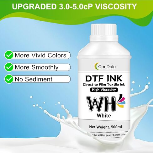 CenDale DTF White Ink 500ML - Upgraded High Viscosity, No Sediment DTF Ink for ET-8550 XP-15000 L1800 L805 R1390 R2400 DTF Printers, Heat Transfer Printing Direct to Film, Great Fluency, Clog Free in Saudi Arabia