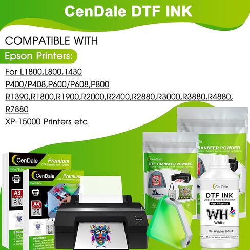CenDale DTF White Ink 500ML - Upgraded High Viscosity, No Sediment DTF Ink for ET-8550 XP-15000 L1800 L805 R1390 R2400 DTF Printers, Heat Transfer Printing Direct to Film, Great Fluency, Clog Free in Saudi Arabia