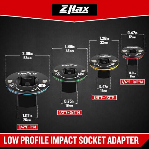 ZHAX 4PCS Low Profile Impact Socket Adapter, 1/4", 3/8", 1/2" & 3/4" Drive, Designed for Tight Spaces, Impact Driver Conversions for Impact Wrench, CR-MO Steel in Kuwait