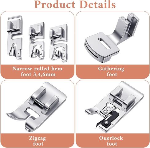 6PCS Sewing Machine Presser Foot Kit, Hemming Foot Kit 3/4/6mm Presser Feet Sewing Machine Accessories Gathering Zigzag Overlock Foots for All Low Shank Snap on SewingMachines in Kuwait