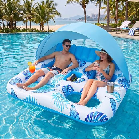 Chumia Pool Floats with Canopy for Adult, UPF50+ 1-2-3 Person Inflatable Floats with Sun Shade Backrest Footrest and Cup Holder Heavy Duty for Pool Lake River Beach Ocean Summer Party Supply in Saudi Arabia