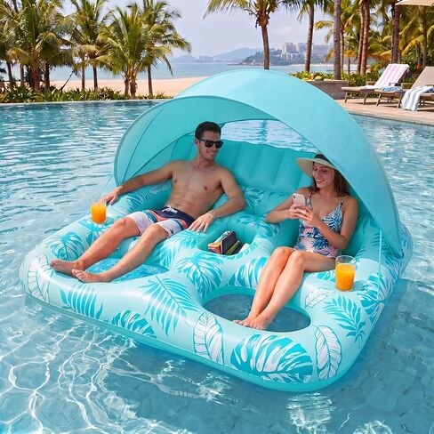Chumia Pool Floats with Canopy for Adult, UPF50+ 1-2-3 Person Inflatable Floats with Sun Shade Backrest Footrest and Cup Holder Heavy Duty for Pool Lake River Beach Ocean Summer Party Supply in Saudi Arabia