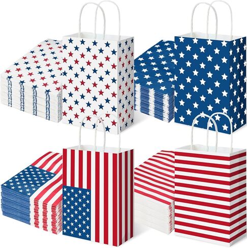 Silkfly 48 Pieces Patriotic Gift Bags Bulk Independence Day Party Favor Bags with Handle 4 of July Star Treat Candy Goodies Favor for Independence Day Patriotic Party Supplies Decoration in Kuwait