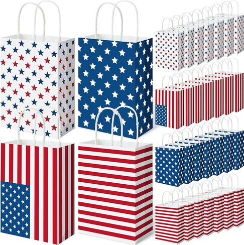 Silkfly 48 Pieces Patriotic Gift Bags Bulk Independence Day Party Favor Bags with Handle 4 of July Star Treat Candy Goodies Favor for Independence Day Patriotic Party Supplies Decoration in Kuwait