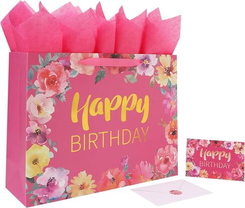 Qirrmiy 16.5'' Extra Large Happy Birthday Gift Bag Set with Handles, Greeting Card, Tissue Papers and Stickers for Women Girls, Gold Foil Happy Birthday & Floral Design, 1 Pcs in Kuwait