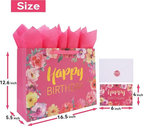 Qirrmiy 16.5'' Extra Large Happy Birthday Gift Bag Set with Handles, Greeting Card, Tissue Papers and Stickers for Women Girls, Gold Foil Happy Birthday & Floral Design, 1 Pcs in Kuwait