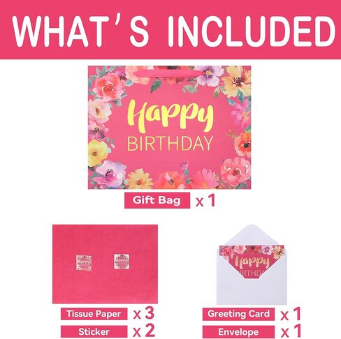 Qirrmiy 16.5'' Extra Large Happy Birthday Gift Bag Set with Handles, Greeting Card, Tissue Papers and Stickers for Women Girls, Gold Foil Happy Birthday & Floral Design, 1 Pcs in Kuwait