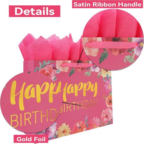 Qirrmiy 16.5'' Extra Large Happy Birthday Gift Bag Set with Handles, Greeting Card, Tissue Papers and Stickers for Women Girls, Gold Foil Happy Birthday & Floral Design, 1 Pcs in Kuwait