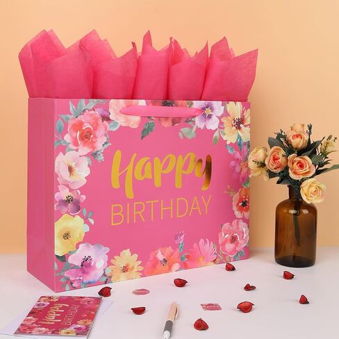 Qirrmiy 16.5'' Extra Large Happy Birthday Gift Bag Set with Handles, Greeting Card, Tissue Papers and Stickers for Women Girls, Gold Foil Happy Birthday & Floral Design, 1 Pcs in Kuwait