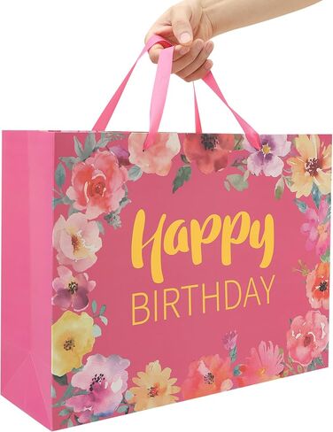 Qirrmiy 16.5'' Extra Large Happy Birthday Gift Bag Set with Handles, Greeting Card, Tissue Papers and Stickers for Women Girls, Gold Foil Happy Birthday & Floral Design, 1 Pcs in Kuwait
