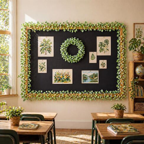 Preboun 10 Pcs 78 Inch Greenery Classroom Decor Vines Plant Bulletin Board Jungle Forest Bulletin Board Decorations Artificial Grape Leaves Classroom Border for School Home Office in Kuwait