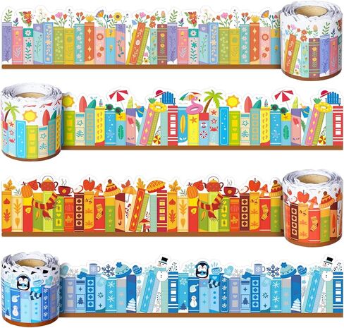 4 Rolls 132ft Seasonal Bookshelf Bulletin Board Borders Decorations Summer Wildflower Book Style Bulletin Board Trim for School Classroom Library Chalkboard Wall Back to School Offices Nursery Decor in Kuwait