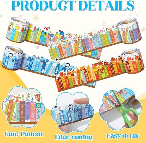 4 Rolls 132ft Seasonal Bookshelf Bulletin Board Borders Decorations Summer Wildflower Book Style Bulletin Board Trim for School Classroom Library Chalkboard Wall Back to School Offices Nursery Decor in Kuwait