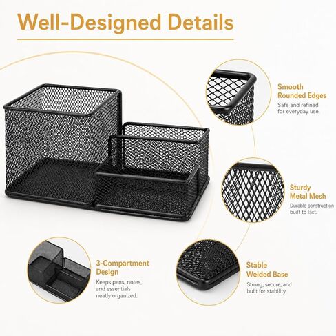 3-Tier Metal Mesh Desk Organizer with Sticky Note Holder, 8.1"x4.1"x4" Pen Pencil Holder Office Desk Organizers and Accessories Set (Black) in Saudi Arabia