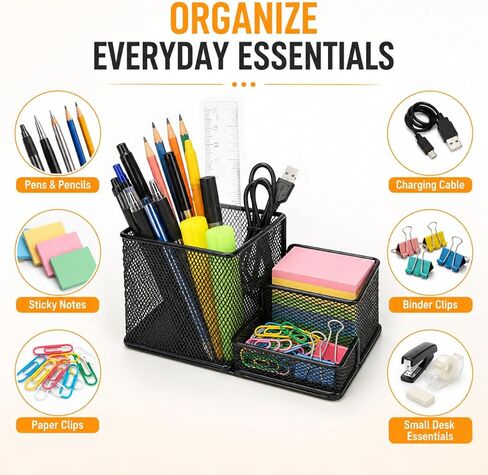 3-Tier Metal Mesh Desk Organizer with Sticky Note Holder, 8.1"x4.1"x4" Pen Pencil Holder Office Desk Organizers and Accessories Set (Black) in Saudi Arabia