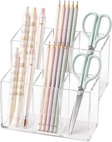 2-Pack Clear Acrylic 3-Compartment Organizer, Pen Holder for Desk, Makeup Brush Holder, Remote Control Holder, in Saudi Arabia
